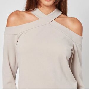 Neutral Color Criss Cross Halter Cold Shoulder Long Sleeve Top